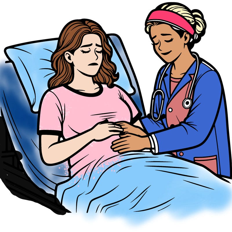 a woman on a hospital bed, giving birth in pain with nurse beside her realistic