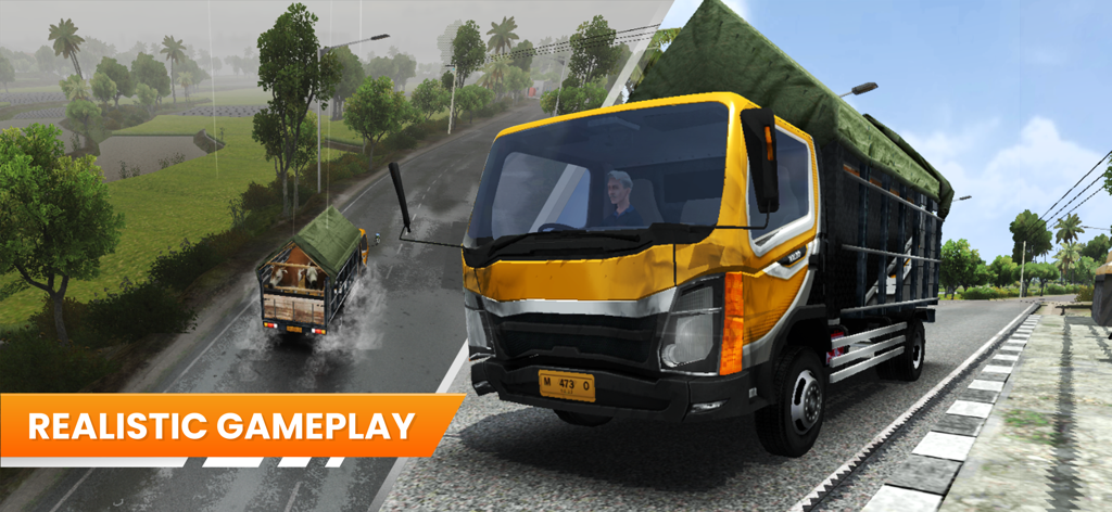 A yellow truck driving on a rainy Indonesian highway showcasing realistic gameplay graphics.