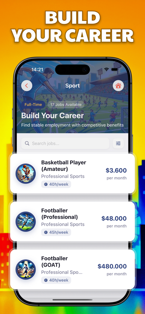 Business Game - Life Simulator - App interface displaying various sports career options with monthly salaries in Business Game Life Simulator