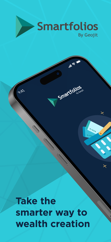 Geojit Smartfolios - Geojit Smartfolios app intro screen showing a smartphone with an investment basket icon and the tagline Take the smarter way to wealth creation