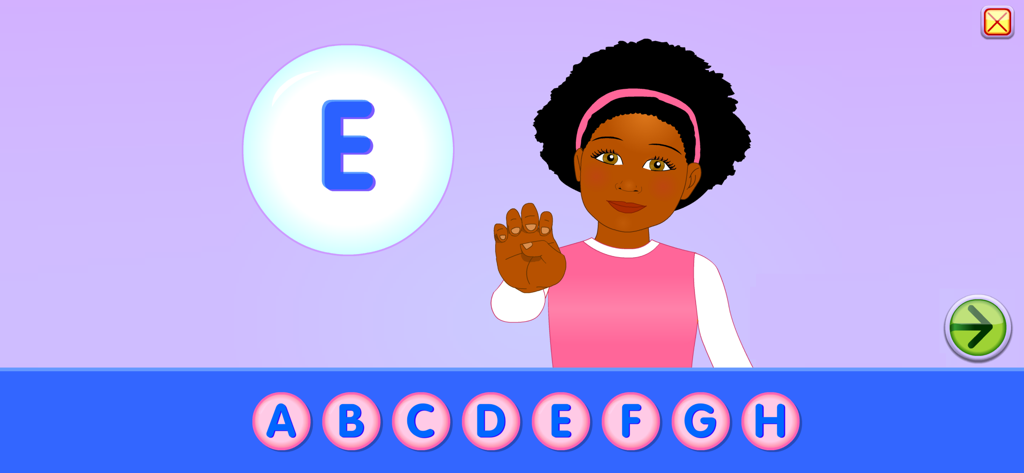 Uma personagem de uma menina demonstrando a letra E e seu gesto em linguagem de sinais no aplicativo ABCs da Starfall