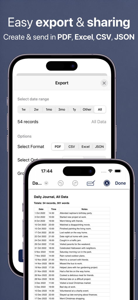 Feeltracker app interface displaying data export options for PDF, Excel, CSV, and JSON formats.