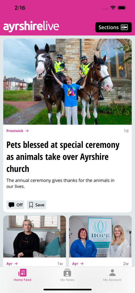 The home screen of the Ayrshire Live news app featuring local community stories and a pet blessing ceremony in Prestwick