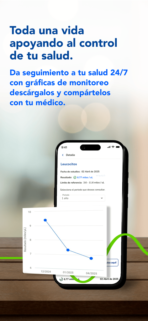 Un iPhone mostrando resultados de pruebas médicas y un gráfico de seguimiento de salud histórico dentro de la app médica Chopo
