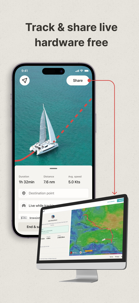 SeaPeople: Boat Travel Map - SeaPeople mobile app and desktop interface showing live sailboat trip tracking and statistics