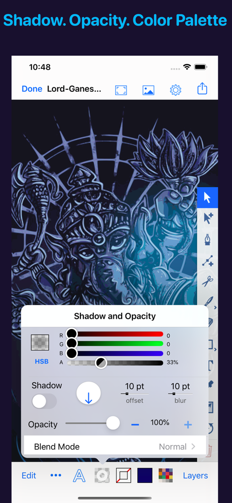 Artmator - Oberfläche der Artmator Vektor-App, die Steuerungen für Schatten und Deckkraft zeigt