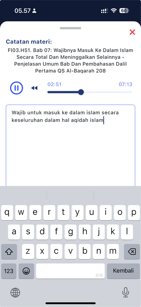 Edu HSI - Screen showing an audio lesson and note taking feature in the Edu HSI mobile app.