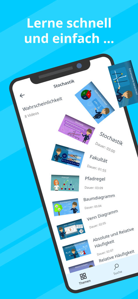 Studyflix - Deine Lernapp - Interfaz móvil de la aplicación Studyflix que muestra una lista de lecciones en video educativas de matemáticas con duraciones y miniaturas.