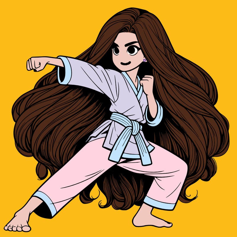 realistic girl with six feet of hair doing karate in a fighting stance with a serious face