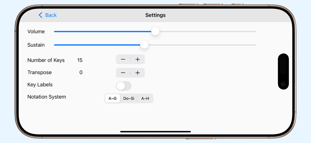Heaven Piano - Settings screen of the Heaven Piano app showing volume sustain and keyboard customization options