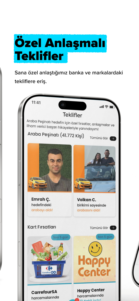 Mobile app interface showing exclusive brand deals and user success stories for financial goals