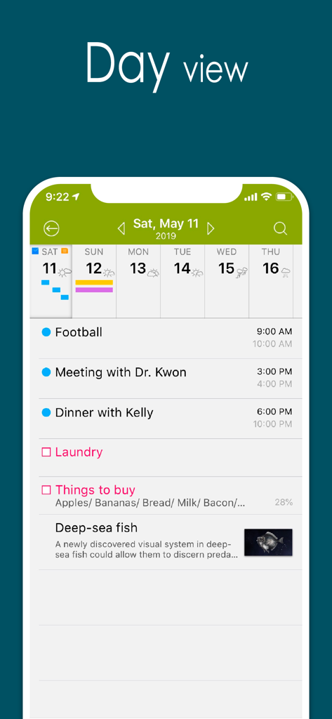 Capture d'écran de l'application Awesome Calendar montrant une vue détaillée de la journée avec un emploi du temps, une liste de tâches et des notes photo.