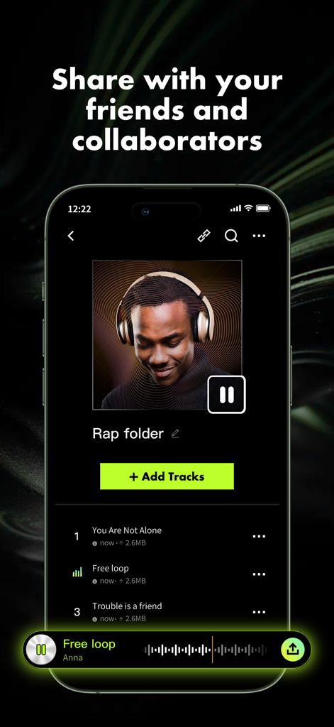 Stemify app interface showing a rap folder with a list of music tracks and a share with friends and collaborators headline