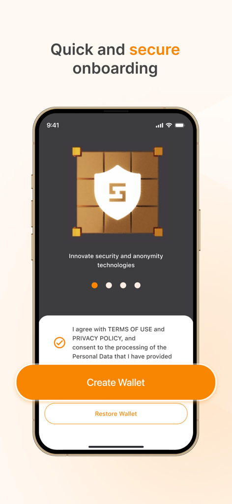 Smart Wallet App - Smart Wallet App onboarding screen showing options to create or restore a crypto wallet