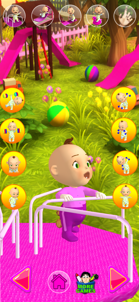 Babsy Baby exercising on parallel bars in a colorful playground with interactive game icons