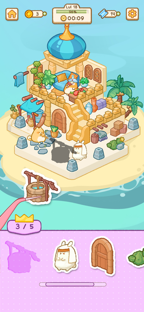 Charmies Land: Sticker Doodle - かわいい砂漠の島のイラストにウェルステッカーがドラッグされている、カワイイステッカーパズルレベル