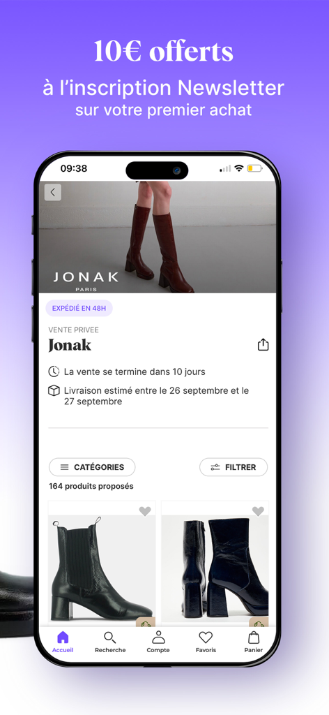 Aplicación móvil BazarChic que muestra una venta privada de botas de diseñador Jonak con una oferta promocional.