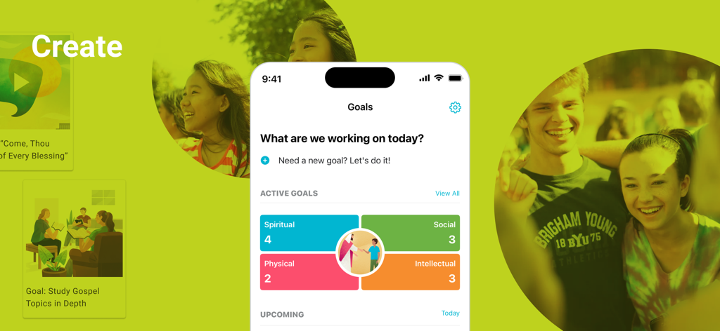 Interfaccia dell'app Gospel Living che mostra il monitoraggio degli obiettivi per lo sviluppo spirituale, sociale, fisico e intellettuale