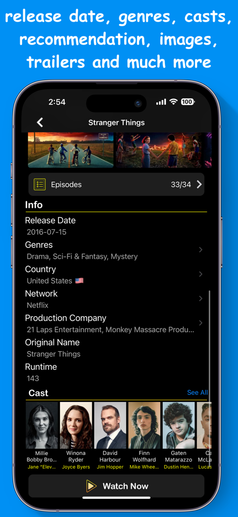 Movies Box & TV Show - App interface displaying Stranger Things series details including cast and genres