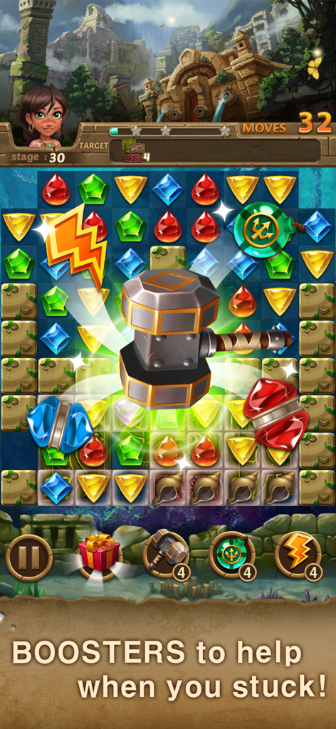 Un potenciador de martillo siendo utilizado en el juego de puzle match-3 Jewels Atlantis para despejar gemas de colores en un tablero de juego de joyas.