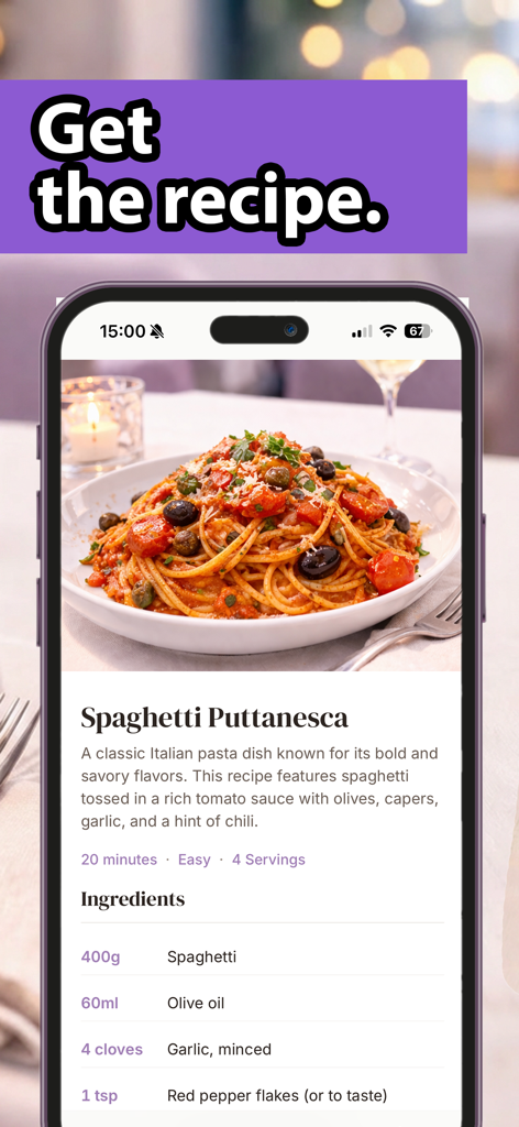 Anna's Kitchen: Snap & Cook - Smartphone screen showing a Spaghetti Puttanesca recipe with ingredients and photo in Annas Kitchen app