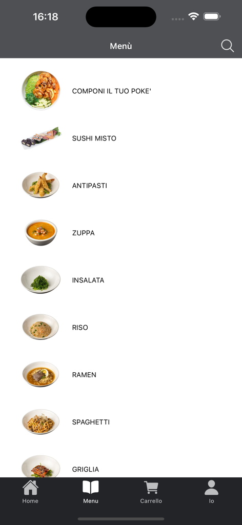 Sushi Koi Eur mobile app menu interface displaying Japanese food categories with images including poke sushi ramen and salads