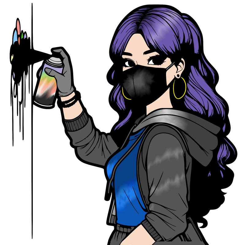 realistic girl with mask spray painting a wall