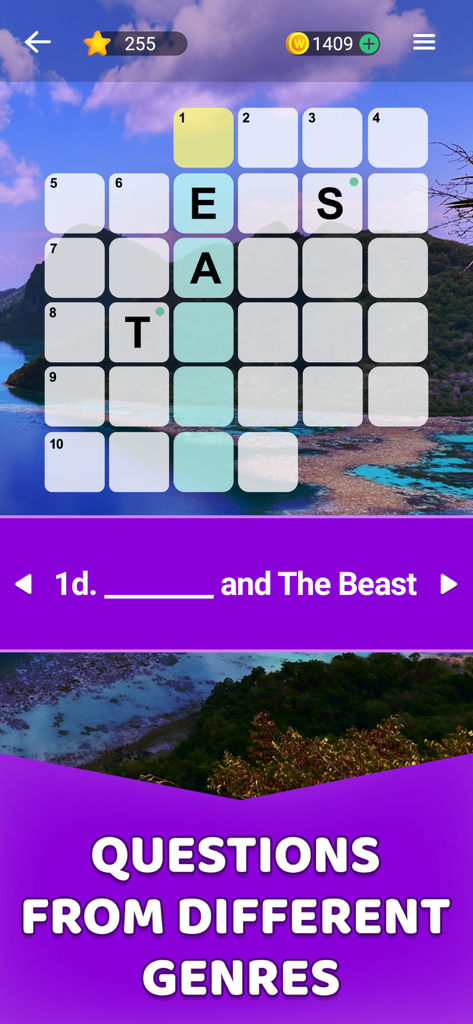 Crossword Explorer - Gameplay screen of Crossword Explorer showing a puzzle board with a pop culture clue and a tropical nature background.