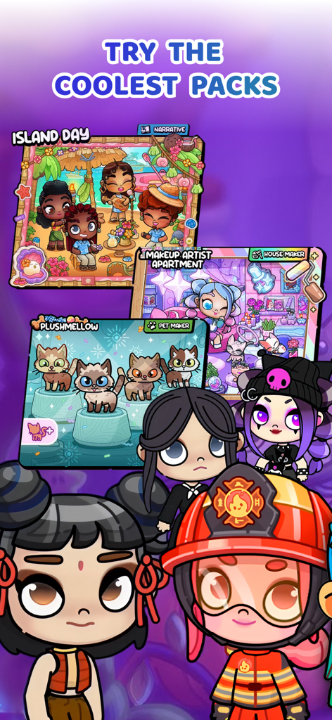 Cute Mods : for Avatar World - Showcase of various themed packs like Island Day and Makeup Artist Apartment for Avatar World with cute chibi characters.