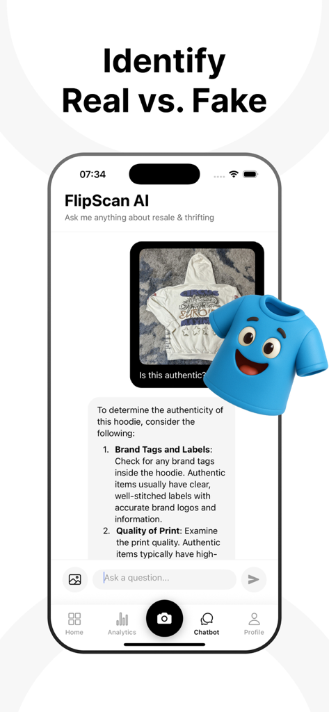 FlipScan: Resell & Thrift AI - FlipScan AI chatbot screen showing a brand authenticity check for a vintage hoodie.
