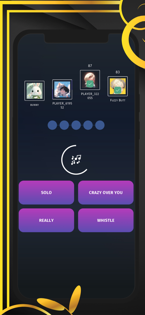 A quiz screen in the BLINK fan game featuring music note icons and song title selection buttons.