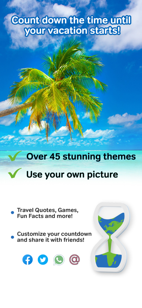 Tela promocional do App de Contagem Regressiva de Férias com um fundo de praia tropical e uma lista de recursos como temas personalizados e opções de compartilhamento.