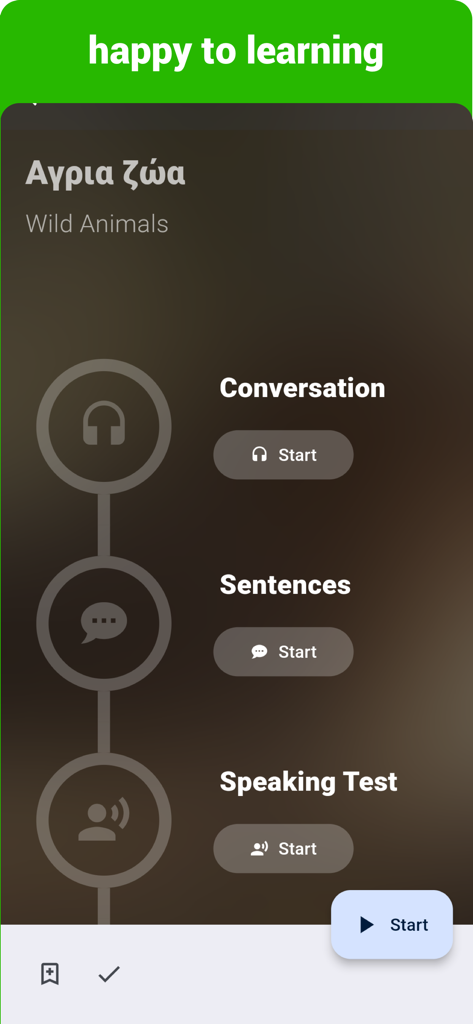 Interfaz de la aplicación de aprendizaje del idioma griego que muestra una lección sobre animales salvajes con opciones de conversación y expresión oral.