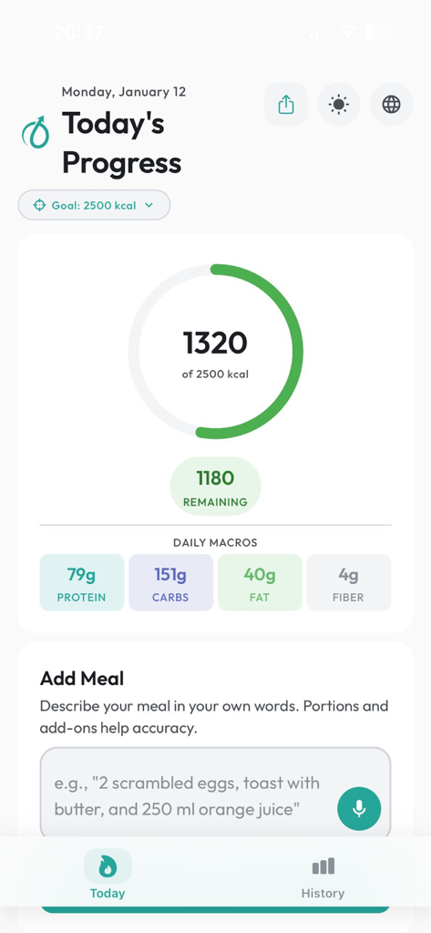 A mobile app dashboard showing daily calorie progress, macro nutrient tracking, and an AI voice logging interface for food.