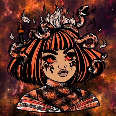 a plus size girl with short hair and snakes coming off her head like medusa, and flames in her eyes, beautiful and realistic