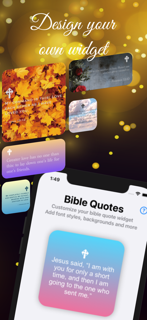 Smartphone screen showing how to design and customize bible verse widgets with different backgrounds and fonts