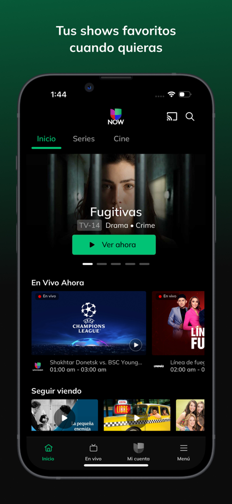 Univision Now - Univision Now app interface showing live sports and Spanish language shows