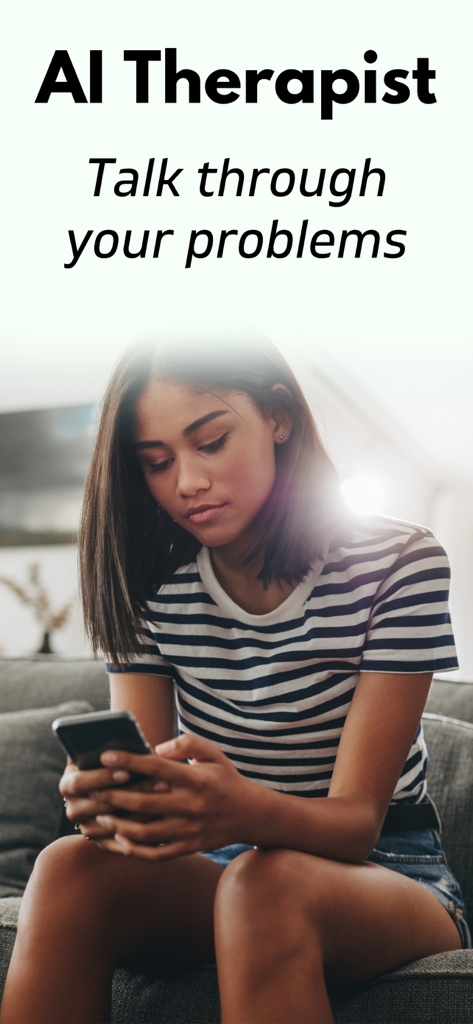 AI Therapist: Therapy Chatbot - A young woman using the AI Therapist app on her smartphone to talk through her problems