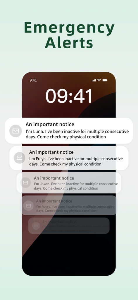 Demumu - Smartphone-Bildschirm mit mehreren Notfallbenachrichtigungen von der Demumu-Sicherheits-App, die einen Kontakt über Benutzerinaktivität informieren.
