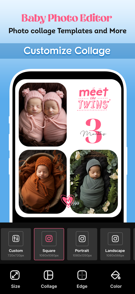 Baby Photo Editor & Story - Una interfaz móvil para crear un collage de fotos de bebé con pegatinas de hitos y herramientas de edición de fotos.