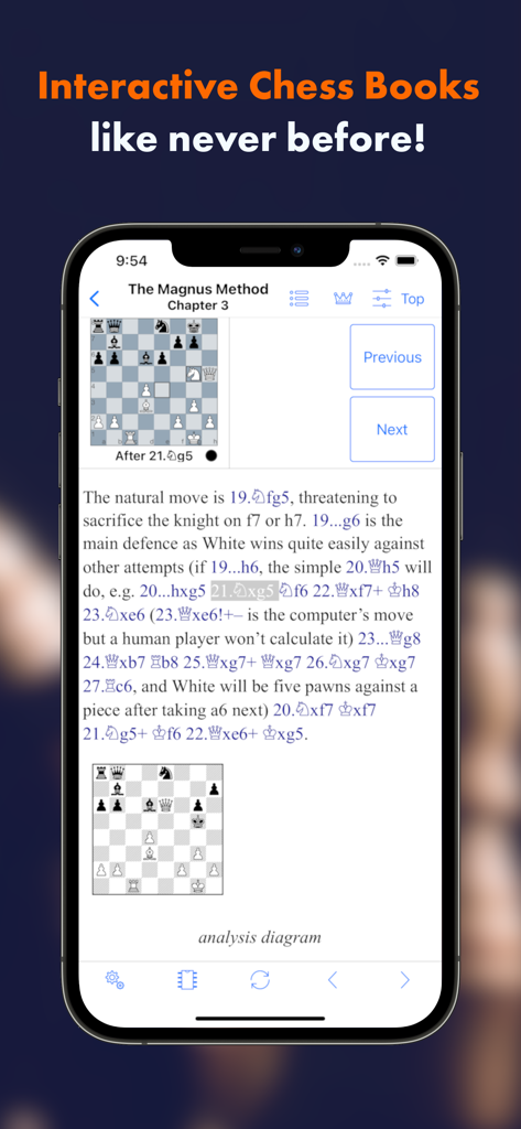 Learn with Forward Chess - Interface of the Forward Chess app showing an interactive chess book with a digital board and moves