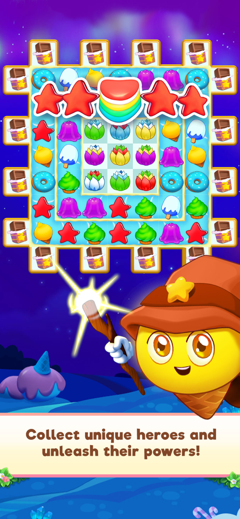 Candy Riddles: Match 3 Puzzle - Candy Riddles game screen featuring a colorful match 3 board and a cute ice cream wizard character.