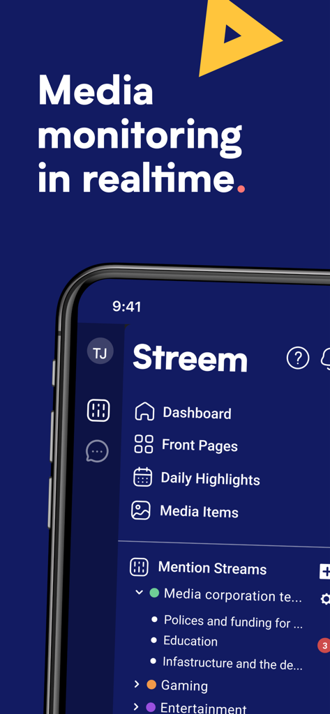 Streem - Streem mobile app interface displaying real-time media monitoring dashboard and news categories