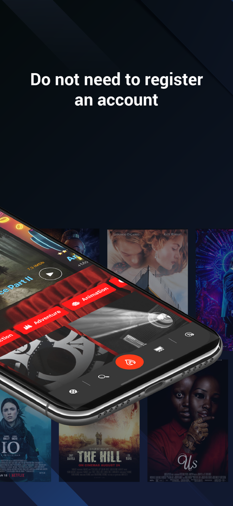 Soap.2Days app interface showing movie discovery and no account registration required message