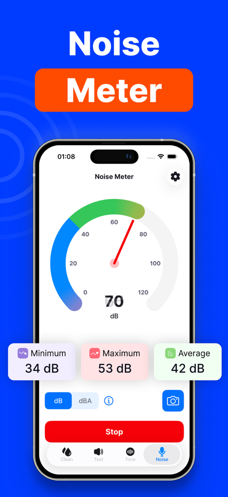 Clear Wave・Water Eject - Interface of the Clear Wave app showing a real-time noise meter with decibel readings and sound level statistics.