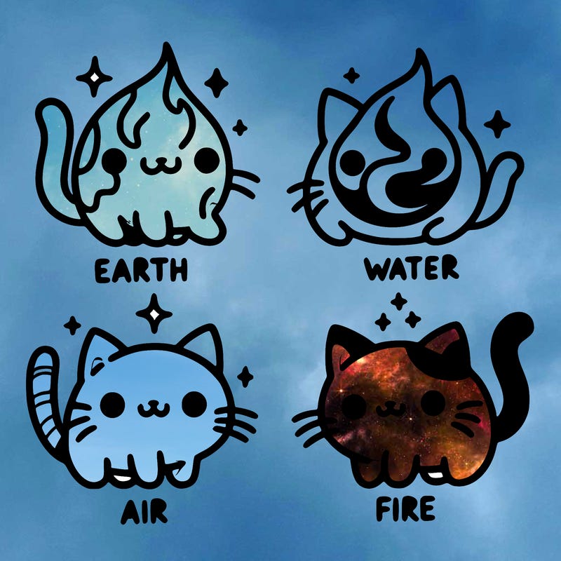 4 cats that represent the different elements, earth, water, air, and fire