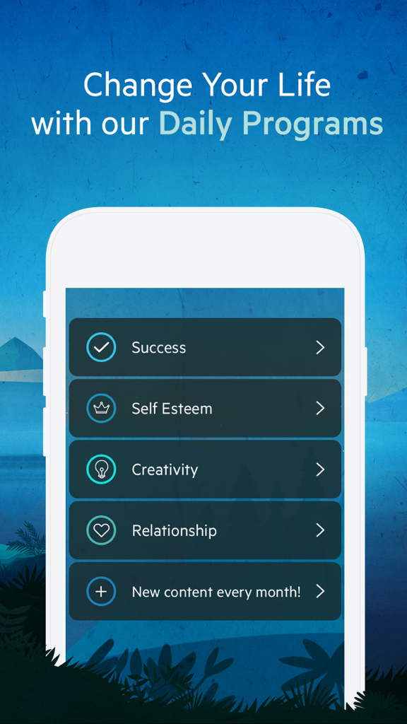 Relax Meditation P: Mindfulness Sounds White Noise - Relax Meditationアプリのインターフェース。成功、自尊心、創造性など、さまざまな毎日の瞑想プログラムが表示されています。