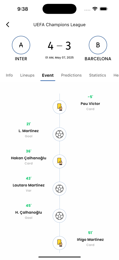 Nova Soccer Hub mobile app screen showing a detailed match event timeline for a UEFA Champions League game between Inter and Barcelona.
