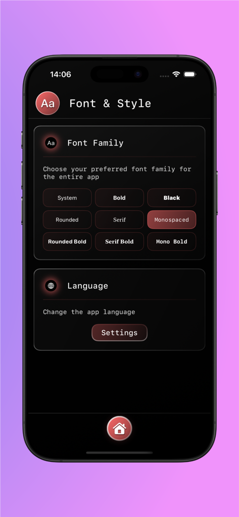 BreatheX – Breathing Exercises - Settings screen of the BreatheX app showing font family choices and language settings