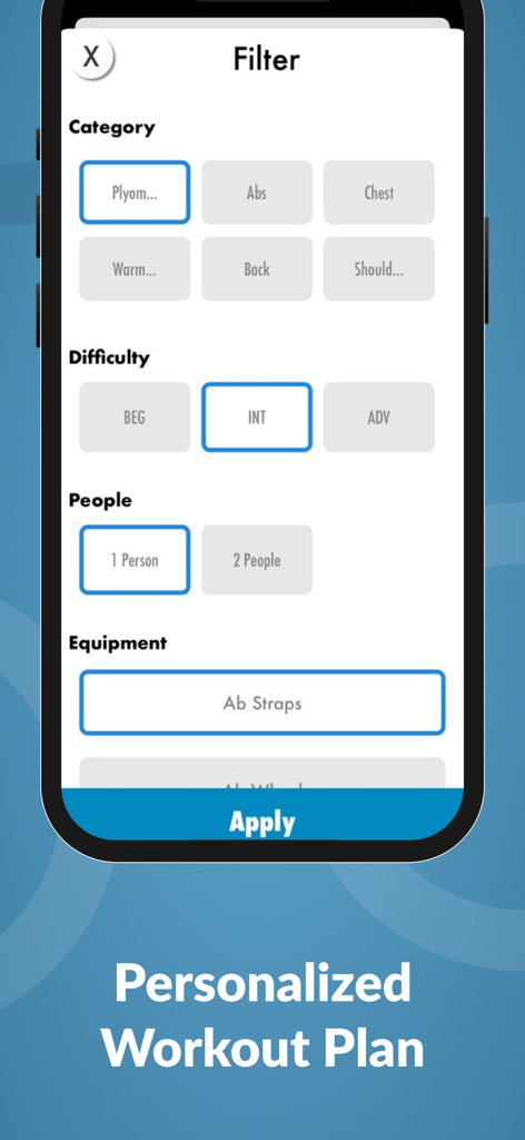 Boot Camp Workouts & Trainings - Boot Camp Workouts app filter screen for difficulty and equipment